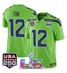 Men's Seattle Seahawks #12 Fan Green 2025 F.U.S.E. Super Bowl LX And 50th Season & USA 250' Vapor Limited Football Stitched Jersey