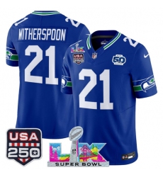 Men's Seattle Seahawks #21 Devon Witherspoon Royal 2025 F.U.S.E. Super Bowl LX And 50th Season & USA 250 Vapor Throwback Limited Football Stitched Jersey