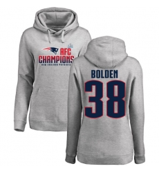 Women's Nike New England Patriots #38 Brandon Bolden Heather Gray 2017 AFC Champions Pullover Hoodie