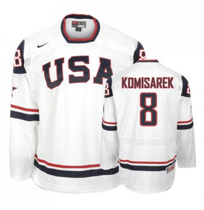Men's Nike Team USA #8 Mike Komisarek Authentic White 2010 Olympic Hockey Jersey