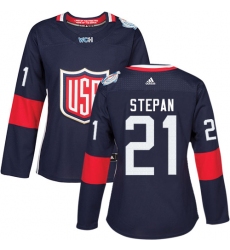 Women's Adidas Team USA #21 Derek Stepan Authentic Navy Blue Away 2016 World Cup Hockey Jersey