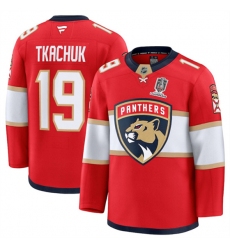 Men's Florida Panthers #19 Matthew Tkachuk Red Home 2025 Stanley Cup Champions Stitched Hockey Jersey