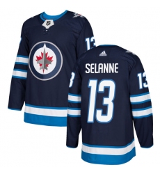 Men's Adidas Winnipeg Jets #13 Teemu Selanne Authentic Navy Blue Home NHL Jersey
