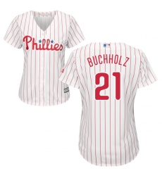 Women's Majestic Philadelphia Phillies #21 Clay Buchholz Authentic White/Red Strip Home Cool Base MLB Jersey