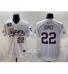 Men's LSU Tigers #22 Jared Jones White Pinstripe 2025 World Series & SEC Patch Stitched Baseball Jersey