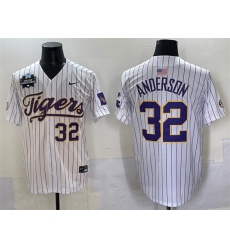 Men's LSU Tigers #32 Kade Anderson White Pinstripe 2025 World Series & SEC Patch Stitched Baseball Jersey