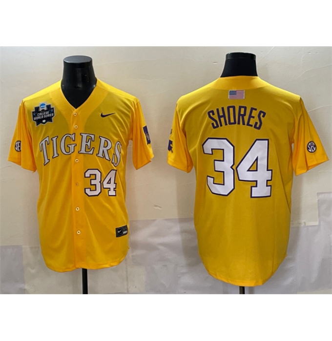 Men's LSU Tigers #34 Chase Shores Gold 2025 World Series & SEC Patch Stitched Baseball Jersey
