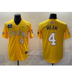 Men's LSU Tigers #4 Steven Milam Gold 2025 World Series & SEC Patch Stitched Baseball Jersey