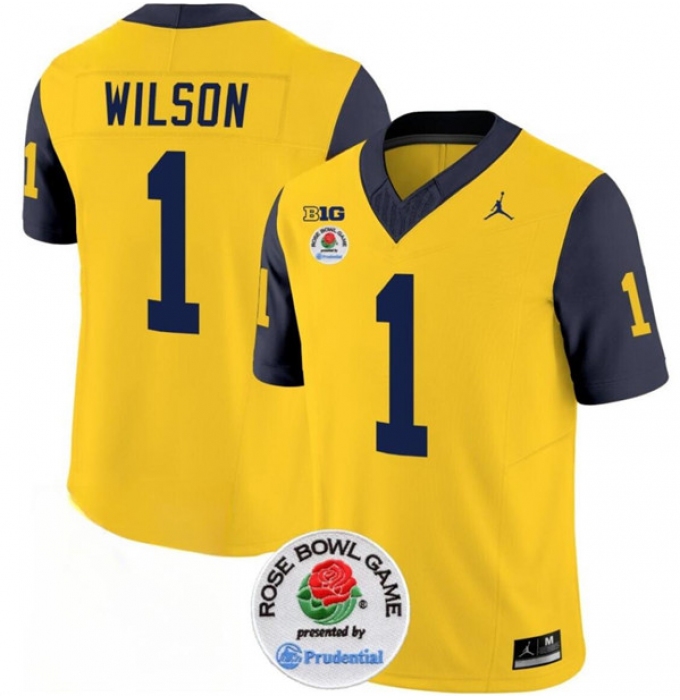 Men's Michigan Wolverines #1 Roman Wilson 2023 F.U.S.E. Yellow Navy Rose Bowl Stitched Jersey