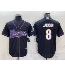Men's Baltimore Ravens #8 Lamar Jackson Black With Patch Cool Base Stitched Baseball Jersey
