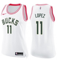 Women's Nike Milwaukee Bucks #11 Brook Lopez Swingman White Pink Fashion NBA Jersey