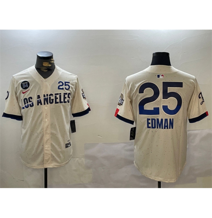 Men's Los Angeles Dodgers #25 Tommy Edman Cream 2024 World Series With Fernando Memorial City Connect Limited Stitched Baseball Jersey