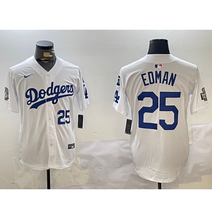 Men's Los Angeles Dodgers #25 Tommy Edman White 2024 World Series With Fernando Memorial Home Limited Stitched Baseball Jersey