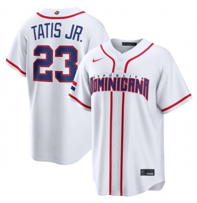 Men's Dominican Republic Baseball #23 Fernando Tatis Jr. White 2026 World Baseball Classic Home Stadium Stitched Jersey