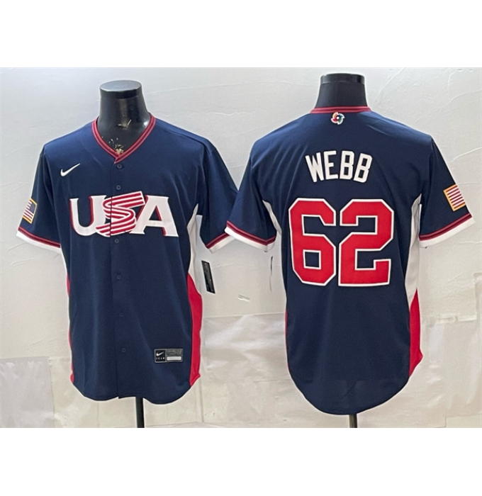 Men's USA Baseball #62 Logan Webb Navy 2026 World Baseball Classic Road Stadium Stitched Jersey