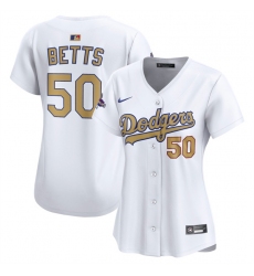 Women's Los Angeles Dodgers #50 Mookie Betts White 2025 Gold Collection Limited Stitched Baseball Jersey(Run Small)