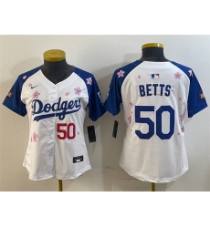Women's Los Angeles Dodgers #50 Mookie Betts White Royal 2025 Tokyo Series Limited Stitched Baseball Jersey(Run Small)