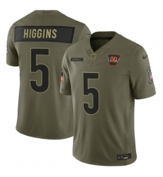 Men's Cincinnati Bengals #5 Tee Higgins Olive 2025 Salute to Service Limited Football Stitched Jersey