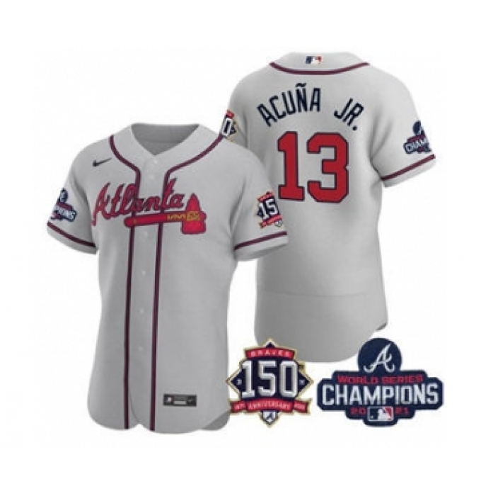 Men's Atlanta Braves #13 Ronald Acuna Jr. 2021 Gray World Series Champions With 150th Anniversary Flex Base Stitched Jersey