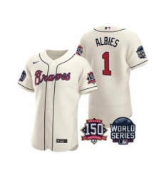 Men's Atlanta Braves #1 Ozzie Albies 2021 Cream World Series Flex Base With 150th Anniversary Patch Baseball Jersey