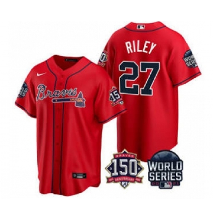 Men's Atlanta Braves #27 Austin Riley 2021 Red World Series With 150th Anniversary Patch Cool Base Stitched Jersey