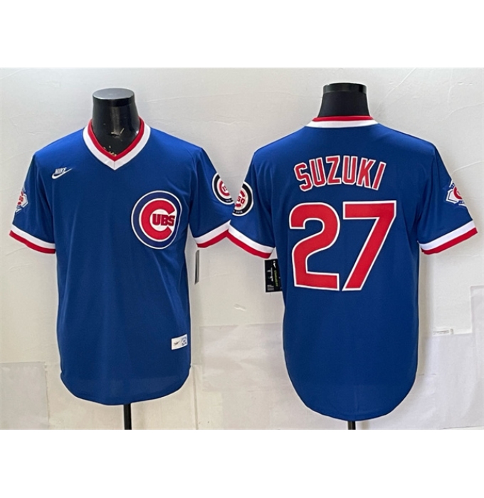 Men's Chicago Cubs #27 Seiya Suzuki Royal 150th Anniversary Throwback Vapor Limited Stitched Baseball Jersey