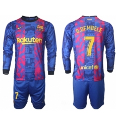 Men 2021-2022 Club Barcelona Second away blue Long Sleeve 7 Soccer Jersey