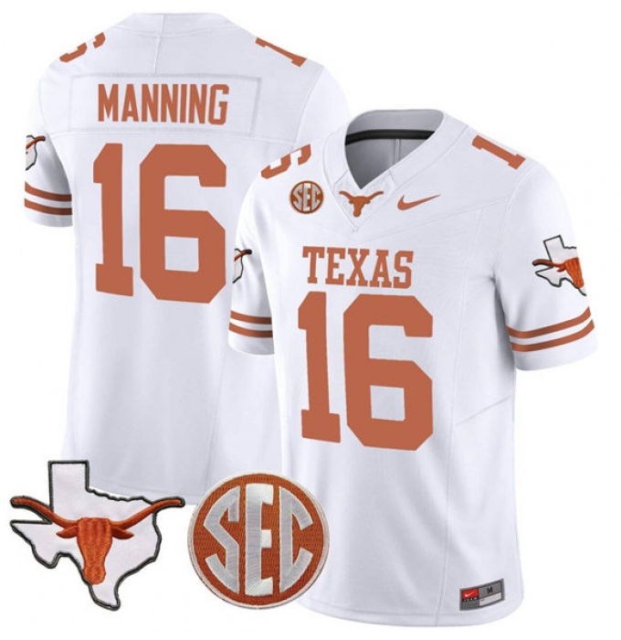 Men's Texas Longhorns #16 Arch Manning White F.U.S.E. Map & SEC Vapor Limited V4 Stitched Jersey