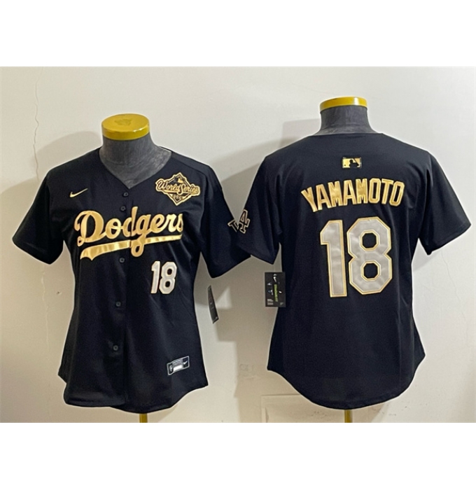 Youth Los Angeles Dodgers #18 Yoshinobu Yamamoto Black Gold 2025 World Series Limited Stitched Baseball Jersey