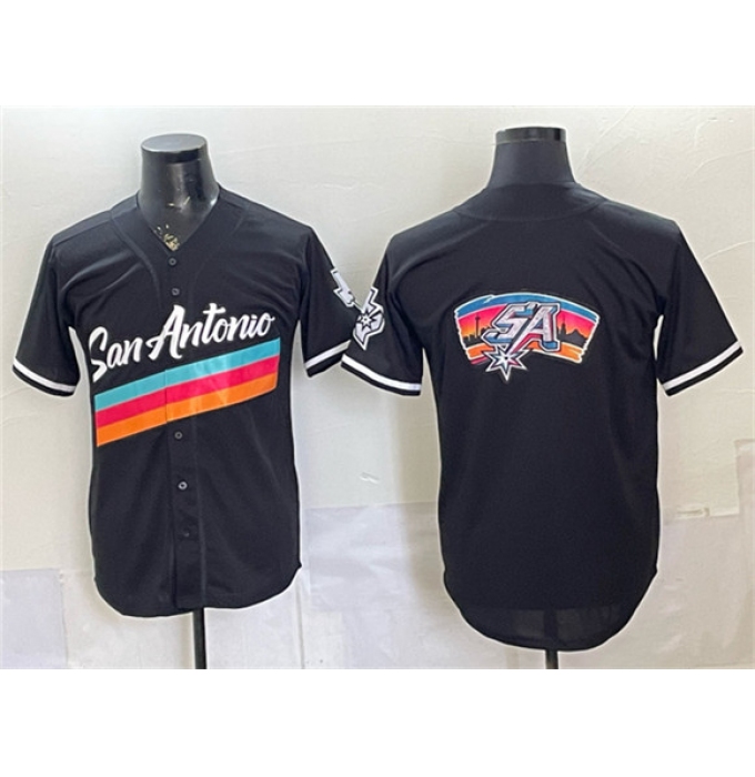 Men's San Antonio Spurs Team Big Logo Black Stitched Baseball Jersey