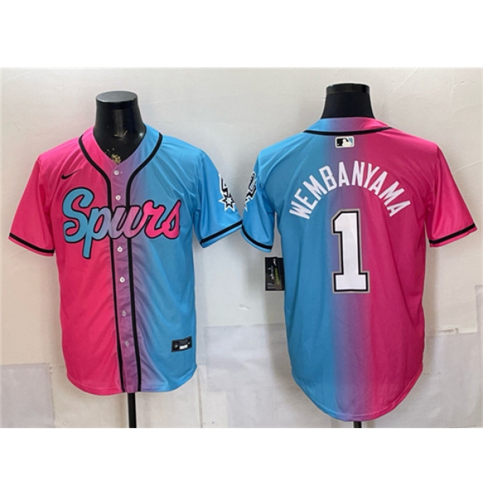 Men's San Antonio Spurs #1 Victor Wembanyama Pink Blue Limited Stitched Baseball Jersey