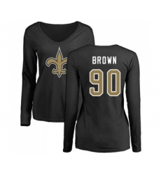 Football Women's New Orleans Saints #90 Malcom Brown Black Name & Number Logo Slim Fit Long Sleeve T-Shirt