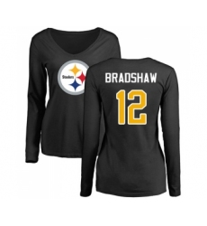 Football Women's Pittsburgh Steelers #12 Terry Bradshaw Black Name & Number Logo Slim Fit Long Sleeve T-Shirt