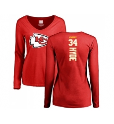 Football Women's Kansas City Chiefs #34 Carlos Hyde Red Backer Slim Fit Long Sleeve T-Shirt