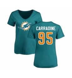Football Women's Miami Dolphins #95 Tank Carradine Aqua Green Name & Number Logo T-Shirt
