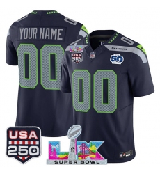 Men's Seattle Seahawks Active Player Custom Navy 2025 F.U.S.E. Super Bowl LX Patch 50th Season & USA 250' Patch Vapor Limited Football Stitched Jersey
