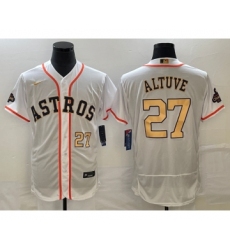 Men's Houston Astros #27 Jose Altuve Number 2023 White Gold World Serise Champions Flex Base Stitched Jersey