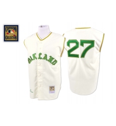 Men's Mitchell and Ness 1968 Oakland Athletics #27 Catfish Hunter Authentic Cream Throwback MLB Jersey