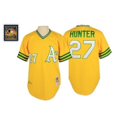 Men's Mitchell and Ness Oakland Athletics #27 Catfish Hunter Replica Gold Throwback MLB Jersey
