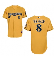 Men's Majestic Milwaukee Brewers #8 Ryan Braun Replica Gold Cerveceros Cool Base MLB Jersey