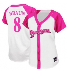 Women's Majestic Milwaukee Brewers #8 Ryan Braun Authentic White/Pink Splash Fashion MLB Jersey