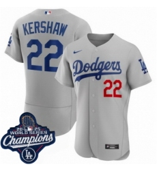 Men's Los Angeles Dodgers 22 Clayton Kershaw Cool Base 2025 World Champions Stitched Baseball Jersey Gray