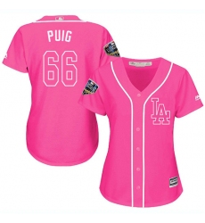 Women's Majestic Los Angeles Dodgers #66 Yasiel Puig Authentic Pink Fashion Cool Base 2018 World Series MLB Jersey