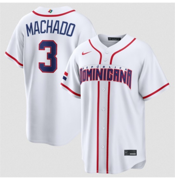 Men's Dominican Republic Baseball #3 Manny Machado White 2026 World Baseball Classic Home Stadium Stitched Jersey