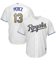 Youth Majestic Kansas City Royals #13 Salvador Perez Authentic White Home Cool Base MLB Jersey