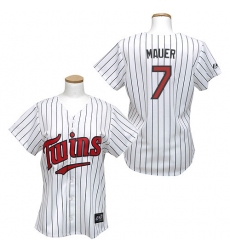Women's Majestic Minnesota Twins #7 Joe Mauer Replica White/Blue Strip MLB Jersey