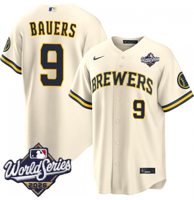 Men's Milwaukee Brewers #9 Jake Bauers Cream 2026 World Series Stitched Baseball Jersey