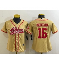 Women's San Francisco 49ers #16 Joe Montana Gold With Patch Cool Base Stitched Baseball Jersey