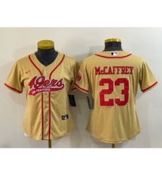 Women's San Francisco 49ers #23 Christian McCaffrey Gold With Patch Cool Base Stitched Baseball Jersey