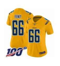 Women's Los Angeles Chargers #66 Dan Feeney Limited Gold Inverted Legend 100th Season Football Jersey